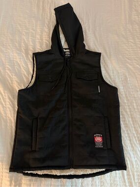 Ecko Unlimited Black Quilted Hooded Vest with Sherpa Trim